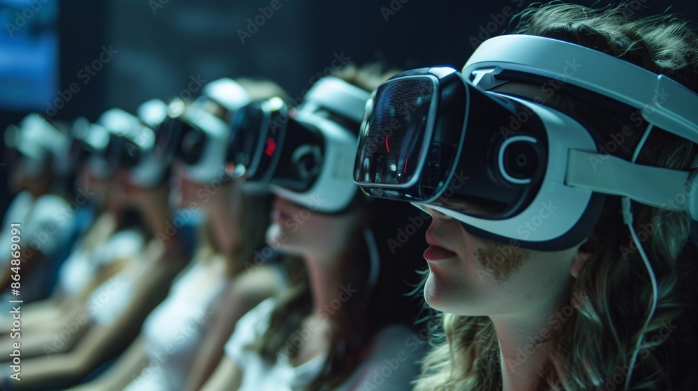 An immersive advertisement for a new virtual reality headset, demonstrating various VR experiences, from gaming to travel to educational content, with close-ups of the headset and users' reactions An immersive advertisement for a new virtual reality headset, demonstrating various VR experiences, from gaming to travel to educational content, with close-ups of the headset and users' reactions
