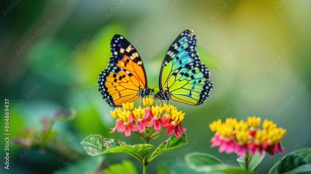 Vibrant butterfly resting on colorful flowers in a lush garden. Nature's beauty captured with stunning details, perfect for spring and summer themes. Vibrant butterfly resting on colorful flowers in a lush garden. Nature's beauty captured with stunning details, perfect for spring and summer themes.