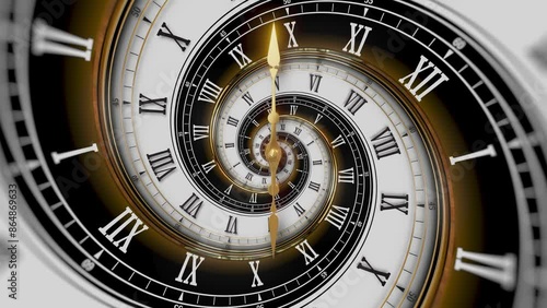 Abstract modern white spiral clock dial with roman numerals. Concept of Infinite time, deadline, scheduling, time and space, past, present and future.