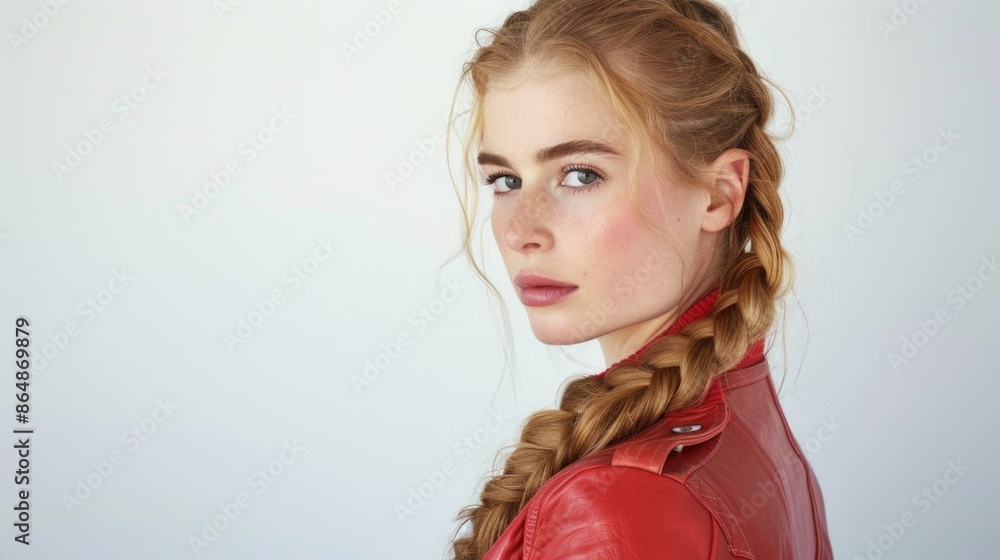 Confident Young Woman with Braided Hair in Red Leather Jacket Confident Young Woman with Braided Hair in Red Leather Jacket