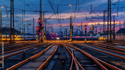 Panorama at main station of Hagen in Westphalia Germany at blue hour twilight Railway tracks with switches lamp lights and blurred trains in motion Colorful railway infrastructure and  : Generative AI