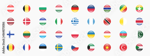 Round icons of flags of European countries. Flag vector icons on isolated background with realistic shadow. Vector set of flags of European countries. Vector EPS 10