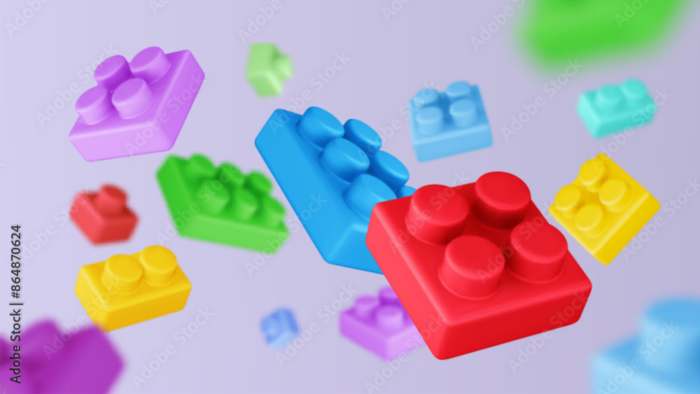Plastic toy bricks block background. Realistic 3d vector illustration of flying kid game build puzzle boxes. Child shop or activity bg with floating geometric shape pieces for fun and education. Plastic toy bricks block background. Realistic 3d vector illustration of flying kid game build puzzle boxes. Child shop or activity bg with floating geometric shape pieces for fun and education.