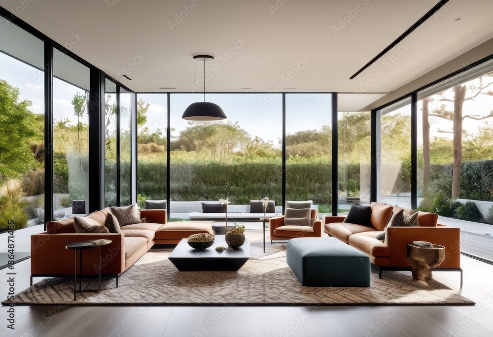 Fototapeta premium contemporary living space tall windows, modern, room, spacious, large, glass, high, ceilings, wide, open, bright, airy, interior, design, home, decor