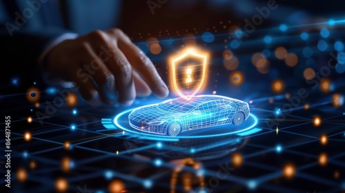 Futuristic automotive security concept with digital interface, highlighting car safety and protection in a cyber world. photo