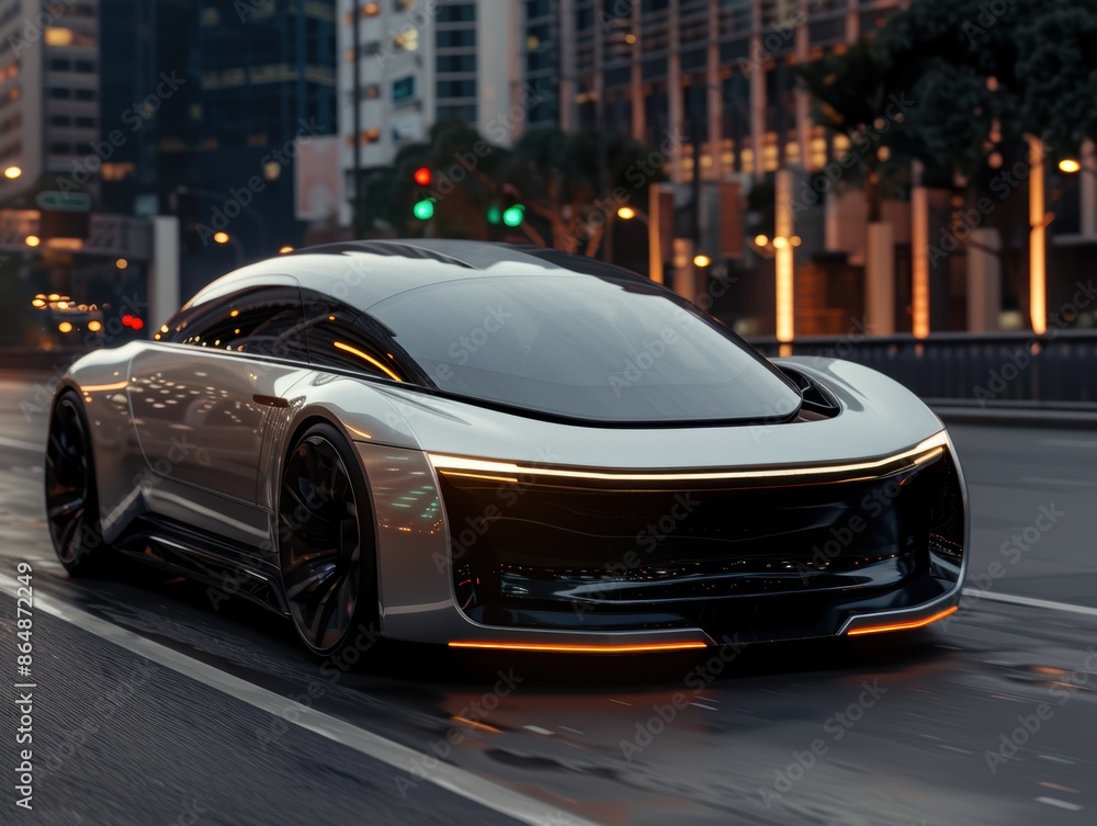 futuristic electric sports car driving at night in the city