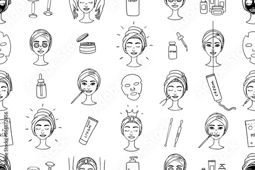 Seamless pattern of women's faces and cosmetic procedures. Cosmetology, beauty expert. Skin care, facelift, aesthetics, beauty treatments, acne, facial, cream, serum, mask, moisturizer, toner. Doodle
