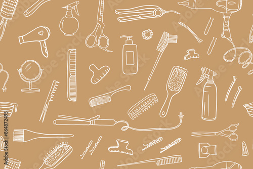 Trendy seamless pattern of hairdresser tools. Hair dryer, comb, hairbrush, hairpin, invisible, mirror, scissors, hairgrip, hair-slide,shampoo, curling iron. Stylist. Beauty salon. Hand drawn. Doodle