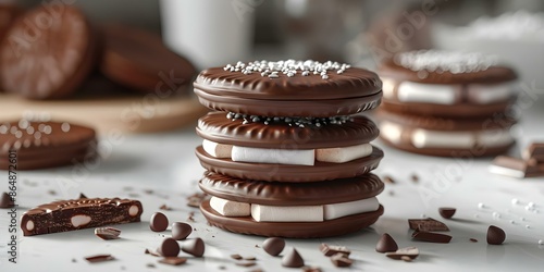 3D visualization of Choco Pie chocolate biscuits with marshmallow on a white background. Concept Food Styling, Product Photography, Studio Lighting, Dessert Presentation, Commercial Advertising photo