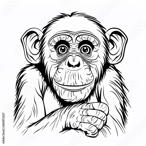 Cartoon chimpanzee, outlined for coloring, on a white background.