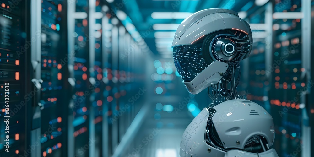 Alert about the risks associated with advanced artificial intelligence in data centers. Concept AI Risks, Data Centers, Advanced Technology, Warning, Artificial Intelligence Alert about the risks associated with advanced artificial intelligence in data centers. Concept AI Risks, Data Centers, Advanced Technology, Warning, Artificial Intelligence