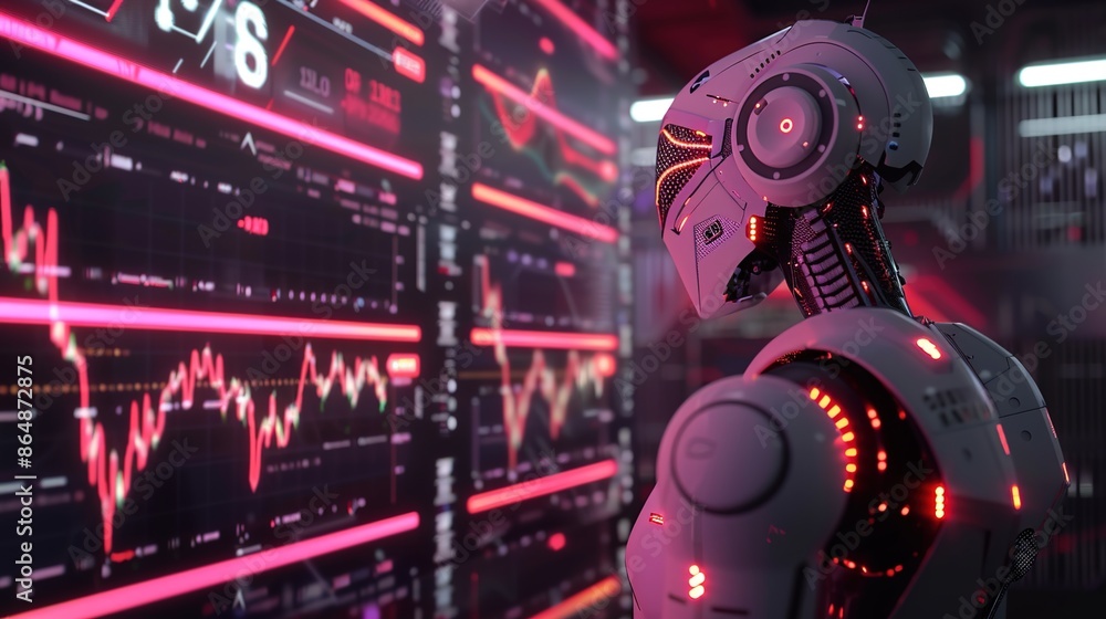 A robot looks at stock charts on the screen,An illustration of AI managing cryptocurrency trading by evaluating all indicators.stock market theme A robot looks at stock charts on the screen,An illustration of AI managing cryptocurrency trading by evaluating all indicators.stock market theme