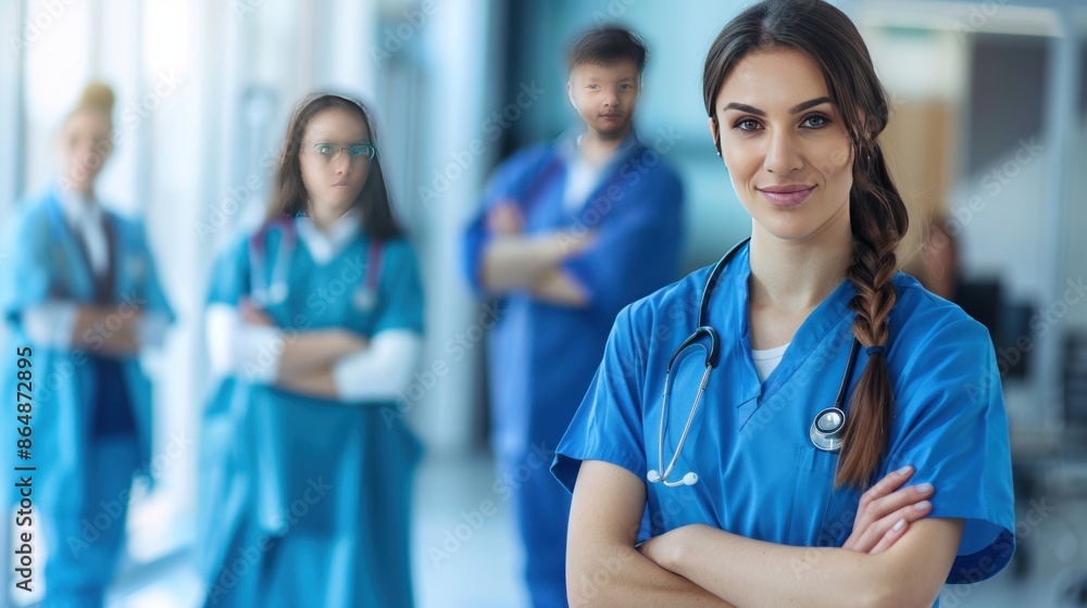 A group of medical professionals in blue uniform are standing together in a hospital room A group of medical professionals in blue uniform are standing together in a hospital room