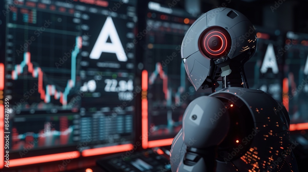 A robot looks at stock charts on the screen,An illustration of AI managing cryptocurrency trading by evaluating all indicators.stock market theme A robot looks at stock charts on the screen,An illustration of AI managing cryptocurrency trading by evaluating all indicators.stock market theme