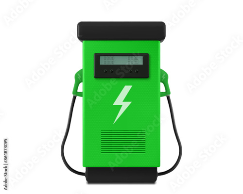 Green gas station with pipe and handle, lightning symbol for ev vehicle charge. Realistic 3d vector illustration of electric car charging point equipment. Renewable eco electro fuel technology.