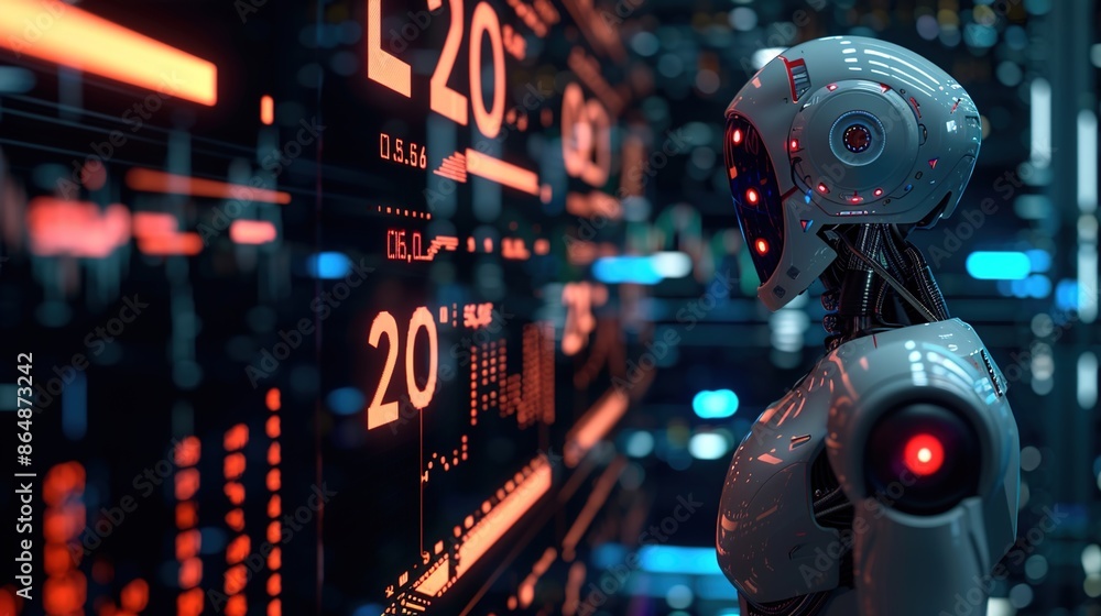 A robot looks at stock charts on the screen,An illustration of AI managing cryptocurrency trading by evaluating all indicators.stock market theme A robot looks at stock charts on the screen,An illustration of AI managing cryptocurrency trading by evaluating all indicators.stock market theme