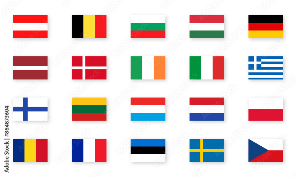 Flags of European countries. Flag vector icons on isolated background with realistic shadow. Vector set of European countries flags. Vector EPS 10 Flags of European countries. Flag vector icons on isolated background with realistic shadow. Vector set of European countries flags. Vector EPS 10