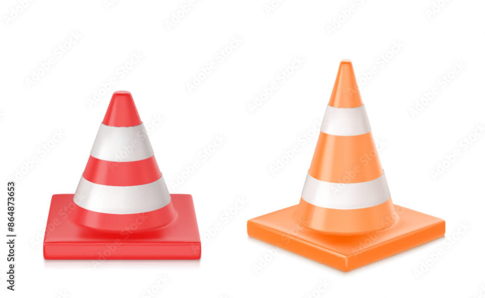 Traffic cone mockups set isolated on white background. Vector realistic illustration of red, orange and white striped warning sign, safety barrier for accident scene, construction site, attention Traffic cone mockups set isolated on white background. Vector realistic illustration of red, orange and white striped warning sign, safety barrier for accident scene, construction site, attention
