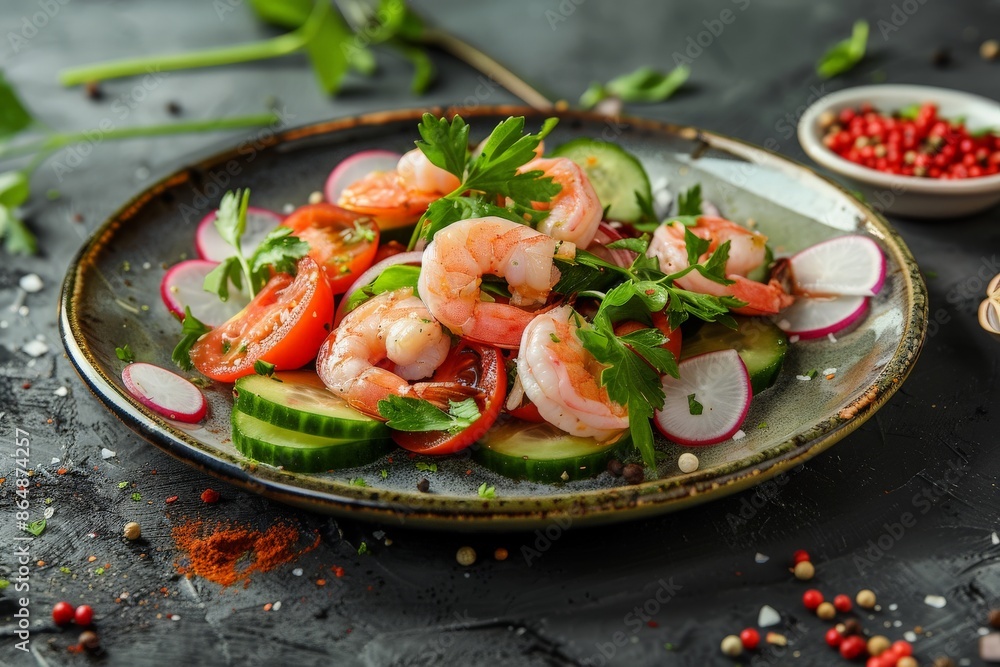 Salad with fresh vegetables and seafood: cucumbers, tomatoes, shrimp. Healthy and delicious food Salad with fresh vegetables and seafood: cucumbers, tomatoes, shrimp. Healthy and delicious food