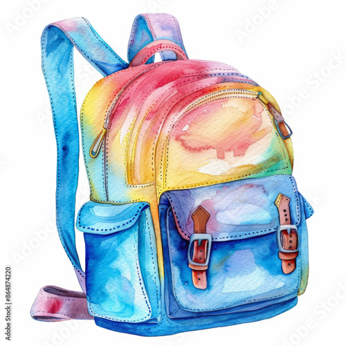 Isolated watercolor illustration of multicolor gradient color backpack for students or tourists