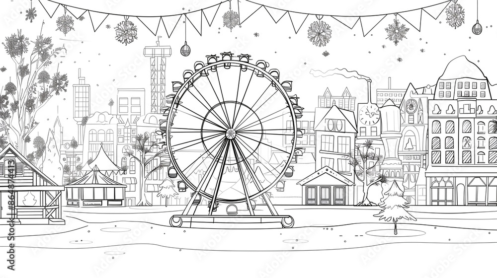 Cartoon Christmas fair with a Ferris wheel in the city, outlined for coloring, on a white background. Cartoon Christmas fair with a Ferris wheel in the city, outlined for coloring, on a white background.