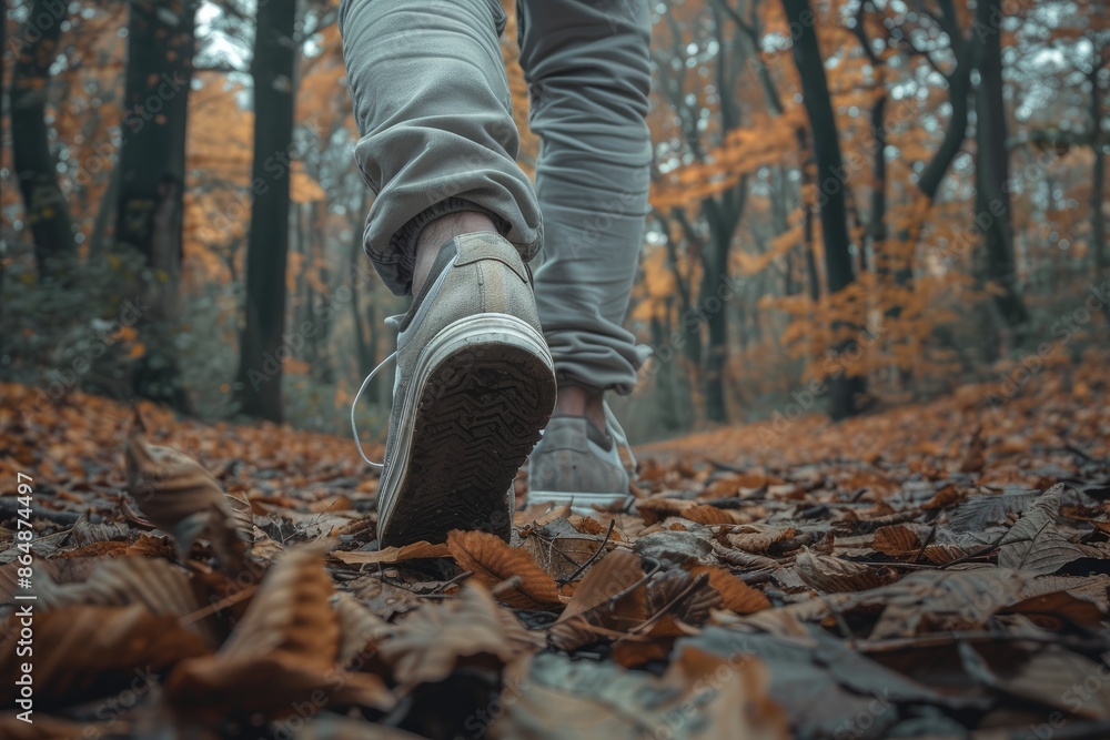 Photo of feet wearing sneakers are walking in, forest with friend, park , mountain, Generative AI Photo of feet wearing sneakers are walking in, forest with friend, park , mountain, Generative AI