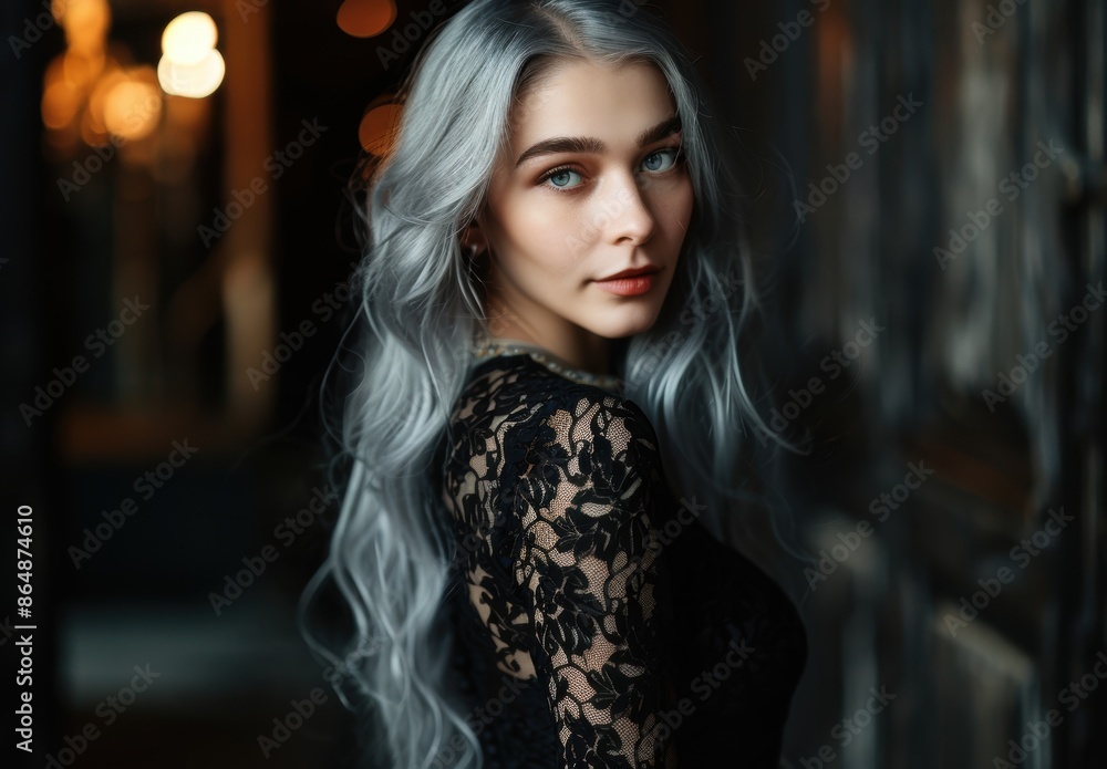 Mysterious woman with silver hair and red lips Mysterious woman with silver hair and red lips