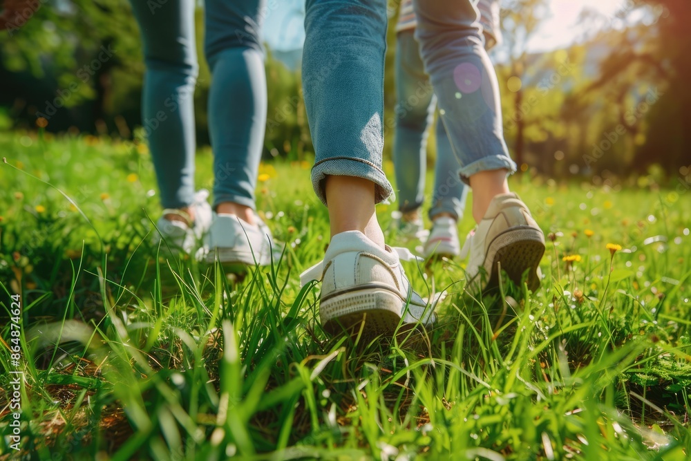 Photo of feet wearing sneakers are walking in, forest with friend, park , mountain, Generative AI Photo of feet wearing sneakers are walking in, forest with friend, park , mountain, Generative AI
