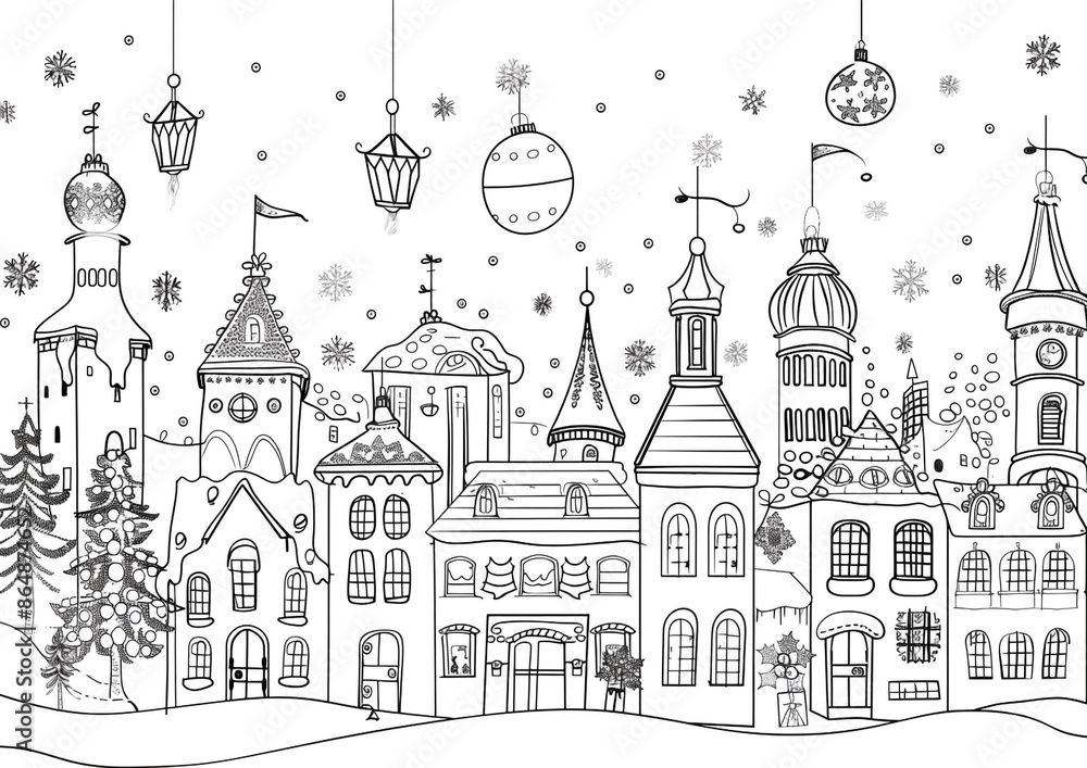 Cartoon Christmas lanterns lighting up the city, outlined for coloring, on a white background.