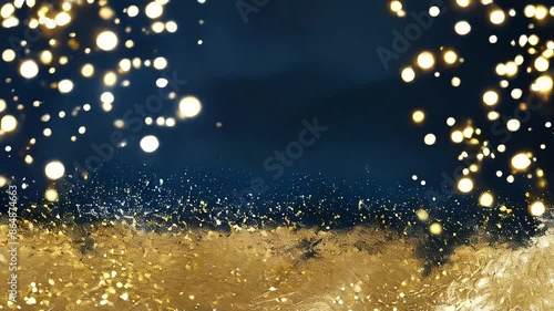 abstract background with Dark blue and gold particle. Christmas Golden light shine particles bokeh on navy blue background. Gold foil texture. Holiday concept. photo