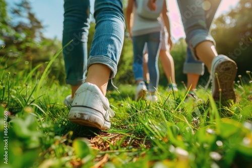 Fototapeta Naklejka Na Ścianę i Meble -  Photo of feet wearing sneakers are walking in, forest with friend, park , mountain, Generative AI