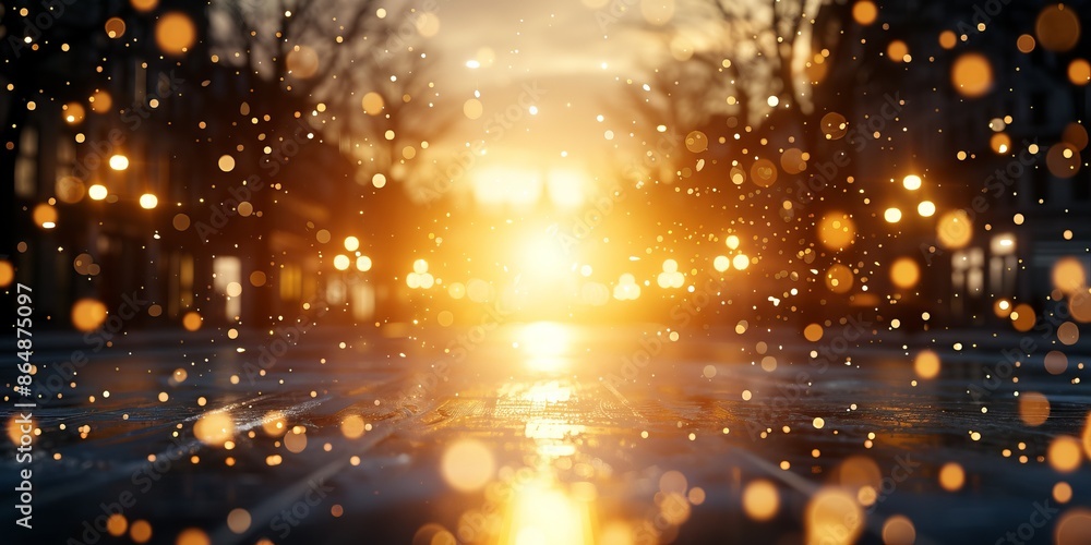 Obraz premium Golden bokeh lights illuminating a winter street, creating a magical and festive atmosphere during sunset.