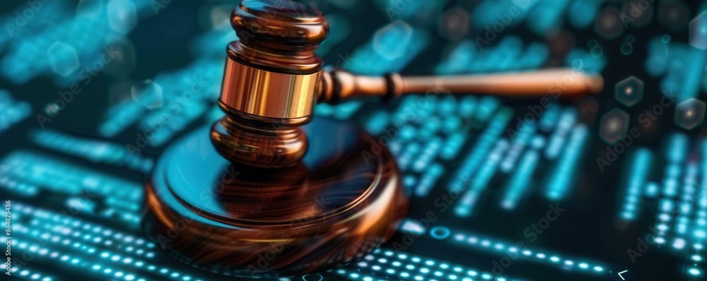 Wooden gavel on digital background representing cyber law, online regulations, and digital justice in the modern world. Wooden gavel on digital background representing cyber law, online regulations, and digital justice in the modern world.