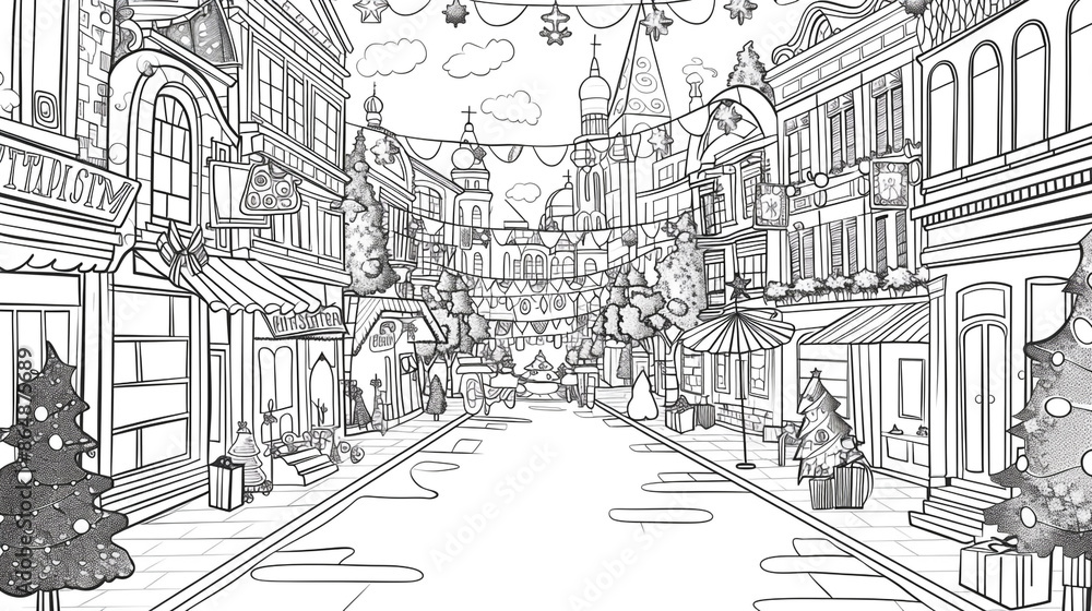 custom made wallpaper toronto digitalCartoon Christmas street festival in the city, outlined for coloring, on a white background.