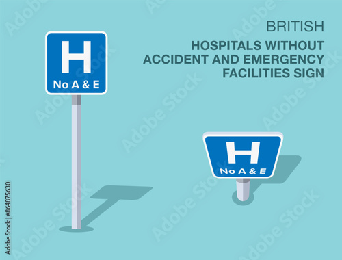 Traffic regulation rules. Isolated British "hospitals without accident and emergency facilities" road sign. Front and top view. Flat vector illustration template.