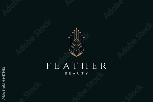 Peacock feather logo with combination of love symbols in gold luxury line art design style