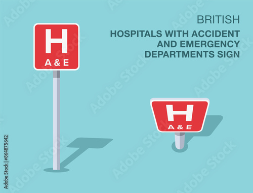 Traffic regulation rules. Isolated British "hospitals with accident and emergency departments" road sign. Front and top view. Flat vector illustration template.