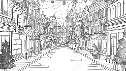 Wallpaper Mural Cartoon Christmas street festival in the city, outlined for coloring, on a white background. Torontodigital.ca