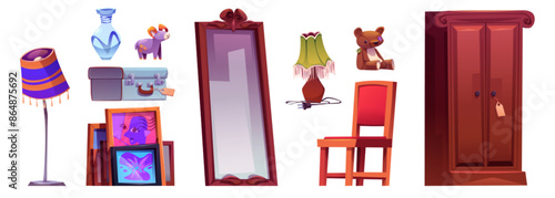 Antique shop goods set isolated on white background. Vector cartoon illustration of vintage wooden wardrobe, mirror in carved frame, chair, lamps, stack of pictures, old suitcase, retro vase, toys