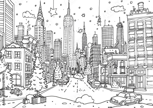 Wallpaper Mural Cartoon Christmas toy drive in the city, outlined for coloring, on a white background. Torontodigital.ca