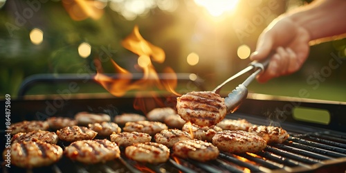 Grilling juicy burgers on a barbecue grill in a sunny backyard setting, with flames and a hand holding tongs turning a patty. photo