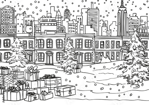 Wallpaper Mural Cartoon Christmas toy drive in the city, outlined for coloring, on a white background. Torontodigital.ca
