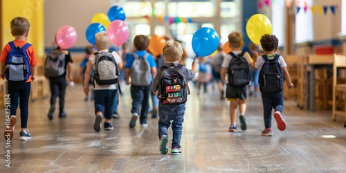 Group of cheerful children with backpacks and balloons walking in a brightly lit school hallway, ready for a school event.