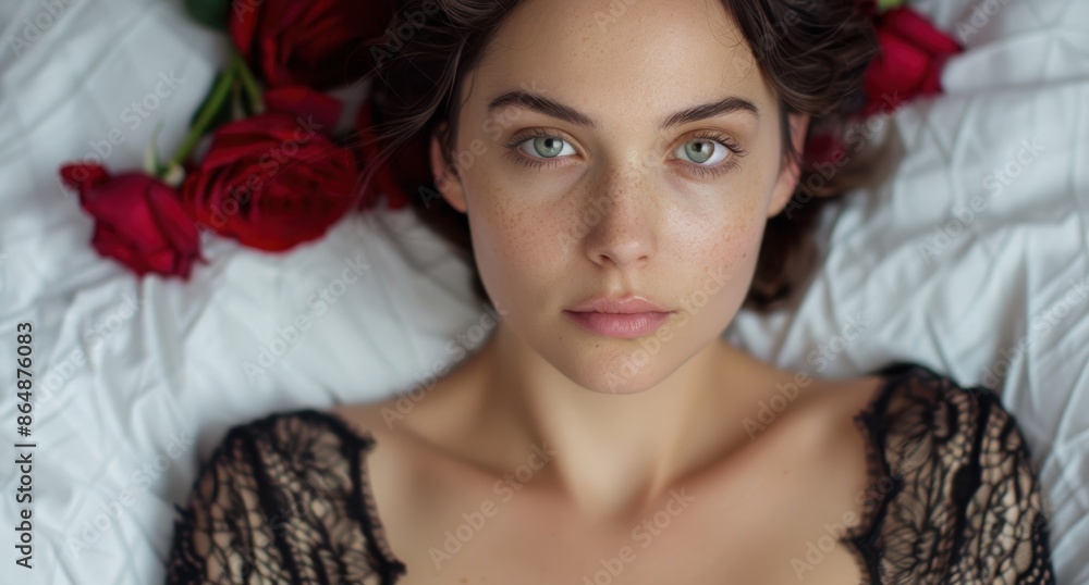 Elegant woman with red roses in her hair Elegant woman with red roses in her hair