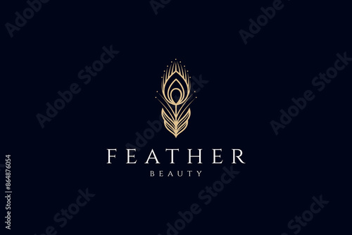 Golden peacock feather logo with in elegant luxury vector design style