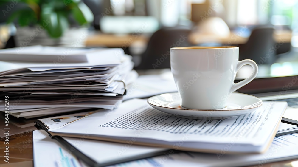 A professional office setting with a coffee cup, a laptop, and a stack of documents, highlighting a brief but refreshing coffee break A professional office setting with a coffee cup, a laptop, and a stack of documents, highlighting a brief but refreshing coffee break