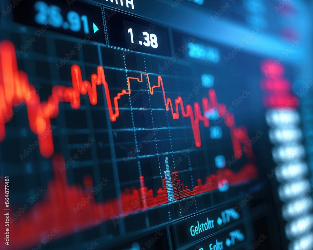 Close-up of a stock market graph depicting a downward trend amidst a detailed financial background, ideal for business and finance concepts. Close-up of a stock market graph depicting a downward trend amidst a detailed financial background, ideal for business and finance concepts.