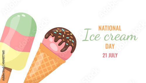 National ice cream day 21 july greeting card, poster, banner, holiday covers. Ice cream on a stick and waffle cone in flat style. Vector trendy illustration.