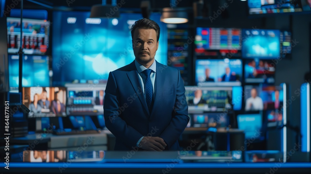 A news anchor prepares for a broadcast, surrounded by high-tech screens. A news anchor prepares for a broadcast, surrounded by high-tech screens.