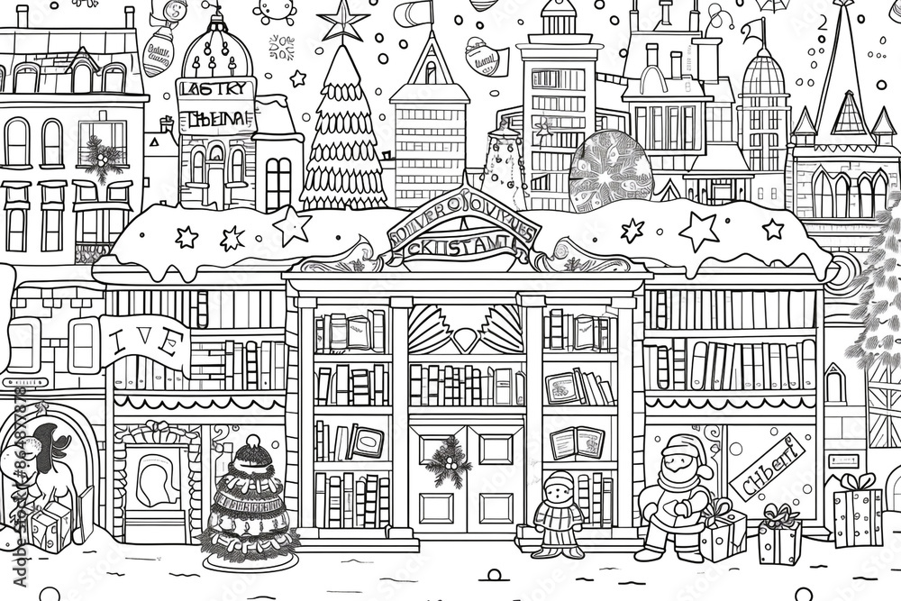 Cartoon city library with a Christmas story time, outlined for coloring, on a white background. Cartoon city library with a Christmas story time, outlined for coloring, on a white background.
